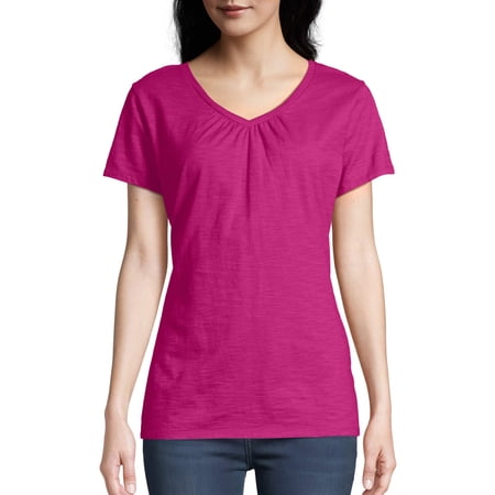 Hanes Women's Slub Jersey Shirred V-Neck T Shirt