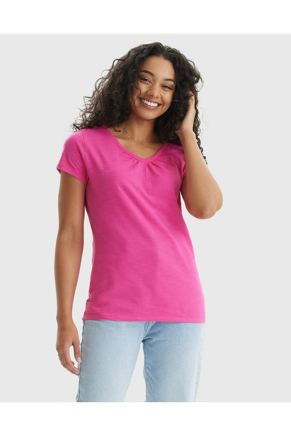Women's Slub Jersey Shirred V-Neck T-Shirt Amaranth XL