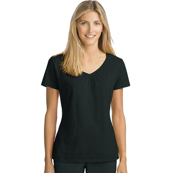 Hanes Women's Slub Jersey Shirred V-Neck T-Shirt Black L