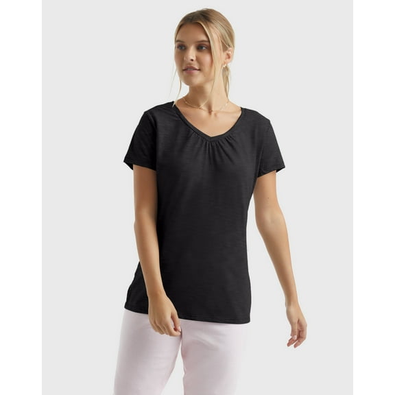 Hanes Women's Slub Jersey Shirred V-Neck T-Shirt Black S