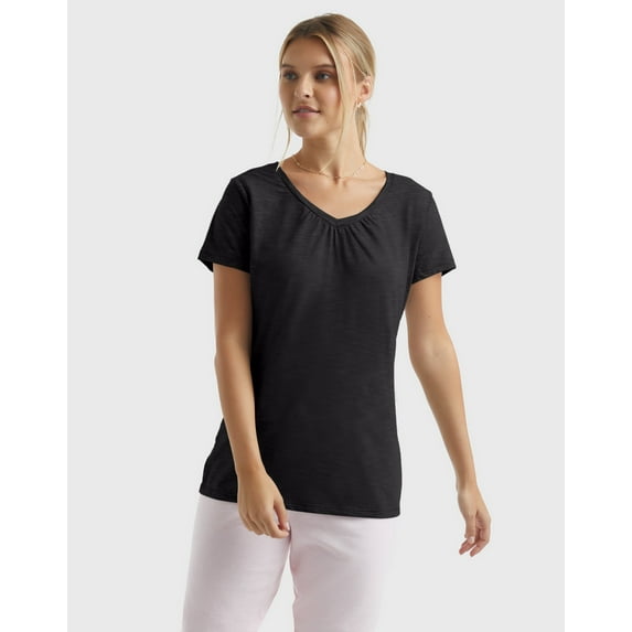 Hanes Women's Slub Jersey Shirred V-Neck T-Shirt Black S