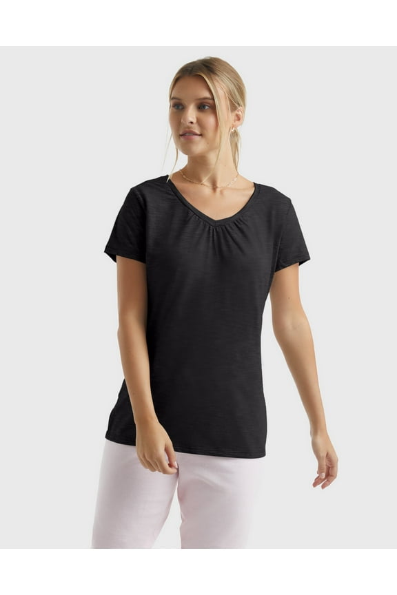 Women's Slub Jersey Shirred V-Neck T-Shirt Black S