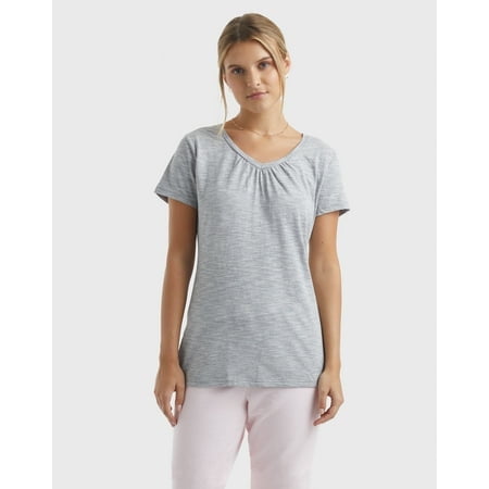 Hanes Women's Slub Jersey Shirred V-Neck T-Shirt Dada Grey Heather M