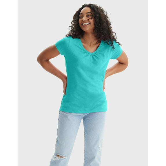 Hanes Women's Slub Jersey Shirred V-Neck T-Shirt Eco Teal M