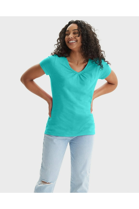 Women's Slub Jersey Shirred V-Neck T-Shirt Eco Teal S