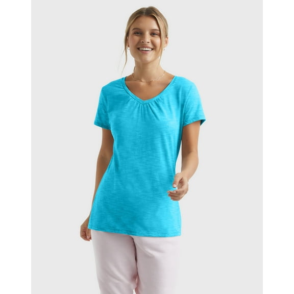 Hanes Women's Slub Jersey Shirred V-Neck T-Shirt Process Blue M
