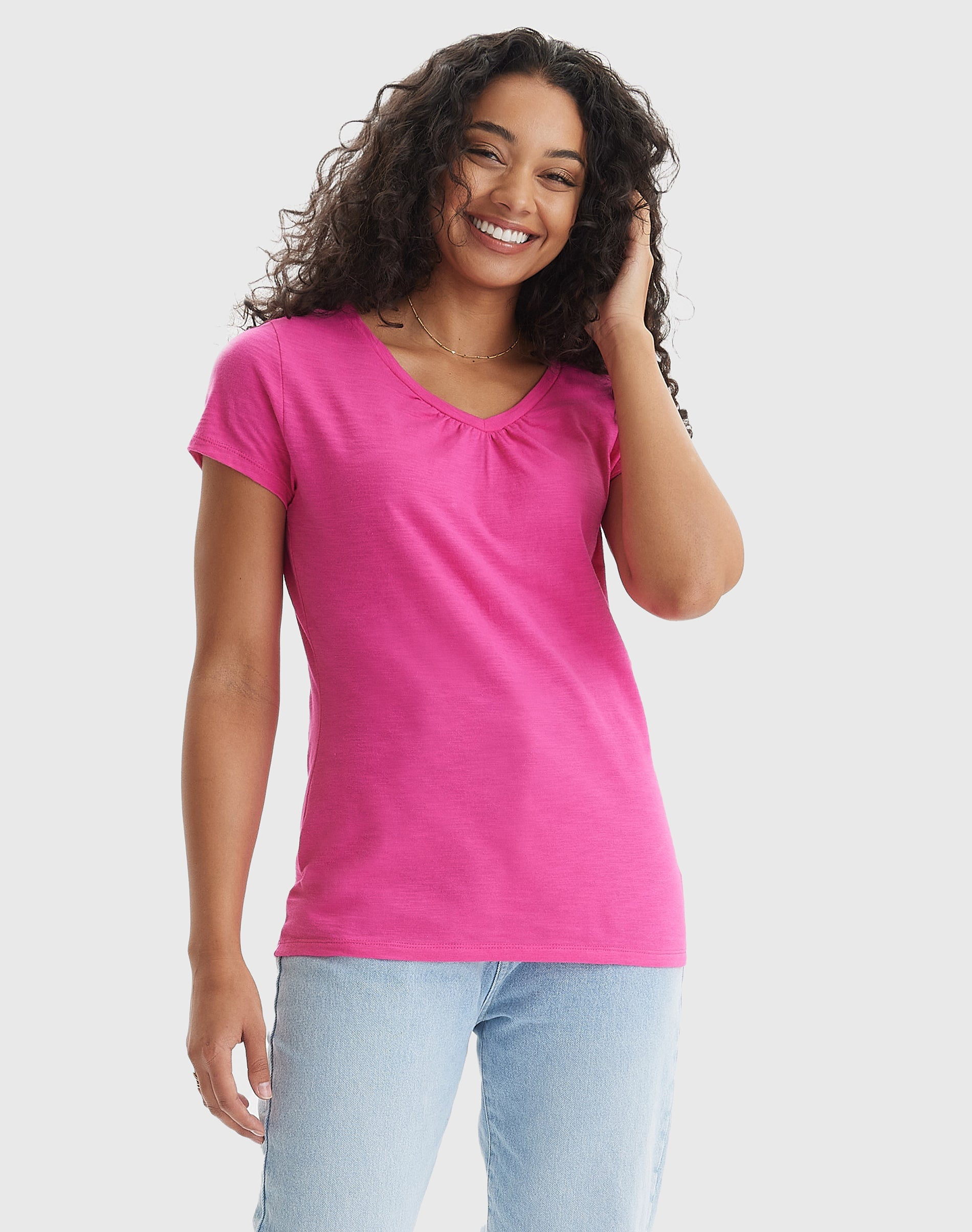 Women's Slub Jersey Shirred V-Neck T-Shirt Amaranth XL