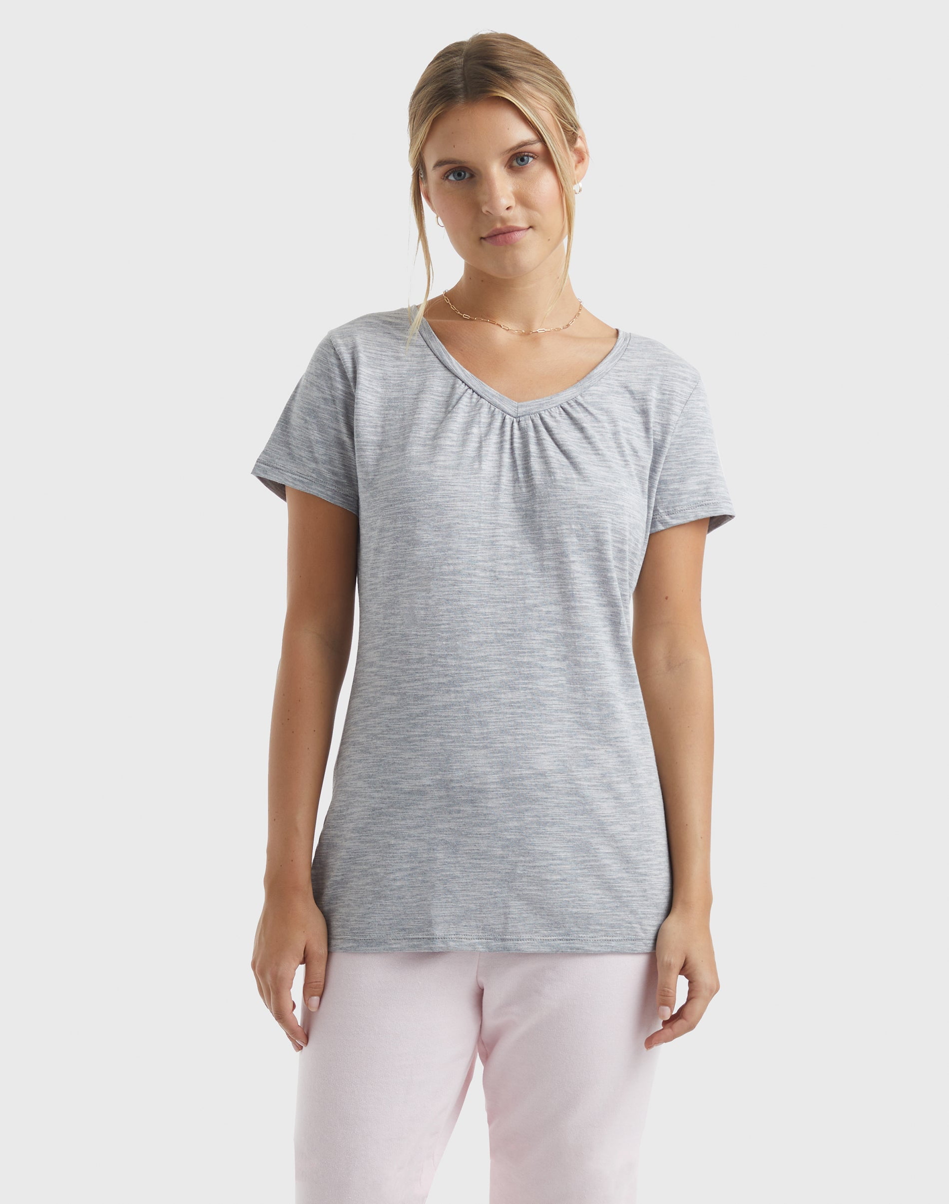 Hanes Women's Slub Jersey Shirred VNeck TShirt Dada Grey Heather M