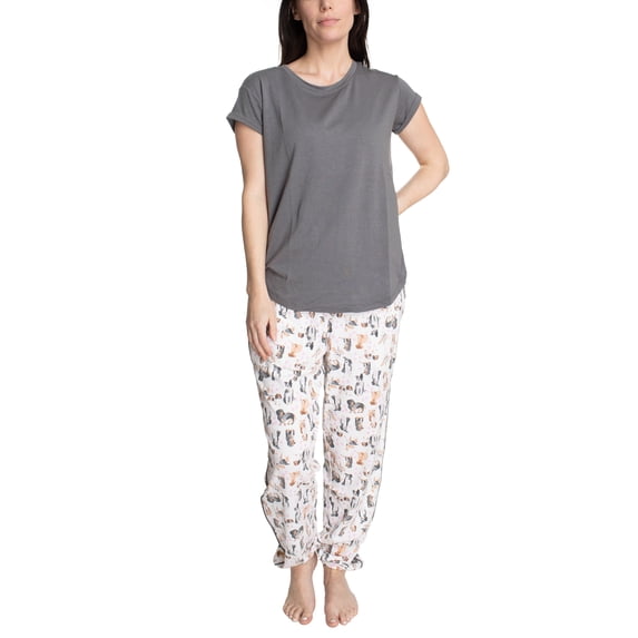 Hanes Women's Soft Retro Short Sleeve Top and Jogger Sleep and Lounge Set, Grey/Dotty Dogs, X-Small