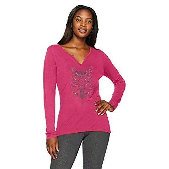 (1 pack) Hanes Women's Split Neck Graphic Long Sleeve Tee, Glitter owl/deep Raspberry Heather, Small