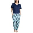 thumbnail image 1 of Hanes Women's Step Into Spring Short Sleeve V-neck Top and Jogger Sleep and Lounge Set, Navy/Plaid, Petite/X-Small, 1 of 4