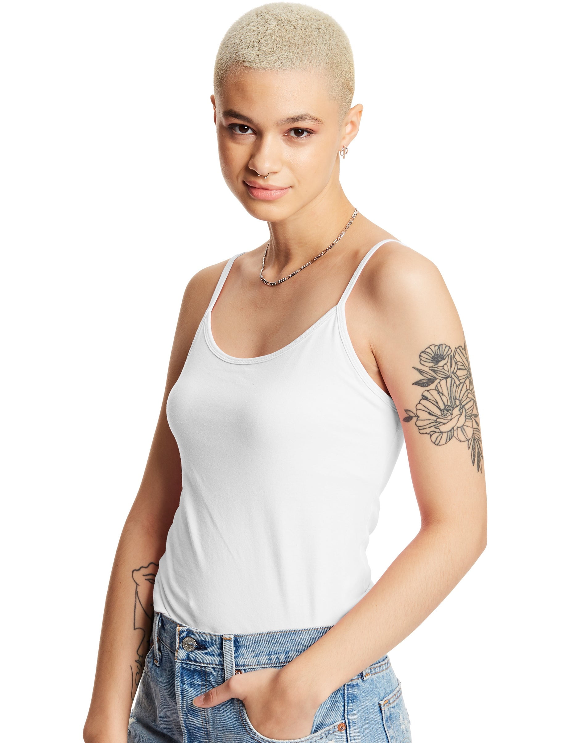 Hanes Women's Stretch Cotton Cami With BuiltIn Shelf Bra White 2XL