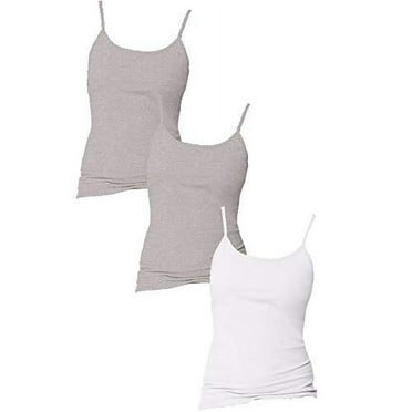 Hanes Women`s Stretch Cotton Cami with Built-In Shelf Bra, O9342, M, White (Pack of 3) (2 Grey Heather / 1 White)