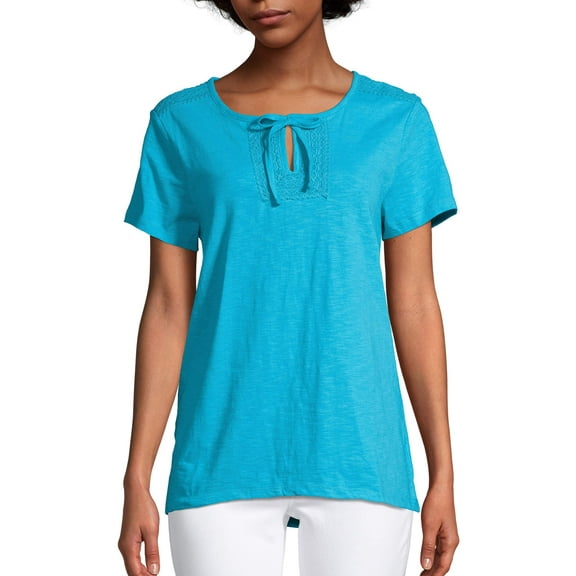 Hanes Women's Tie Front Henley with Crochet Trim