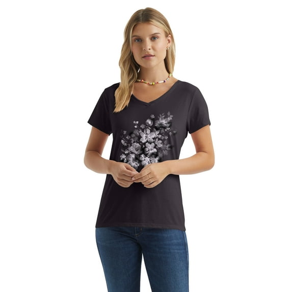 Hanes Women's V-Neck Graphic T-Shirt, Beach Floral Cascade Cascade/Black S