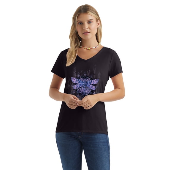 Hanes Women's V-Neck Graphic T-Shirt, Dragonfly Mandala/Black M