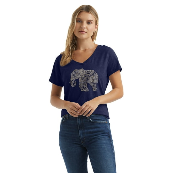Hanes Women's V-Neck Graphic T-Shirt, Elephant Pattern Elephant/Navy Heather M