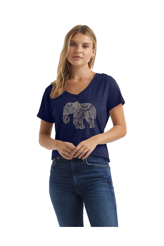 Women's V-Neck Graphic T-Shirt, Elephant Pattern Elephant/Navy Heather S