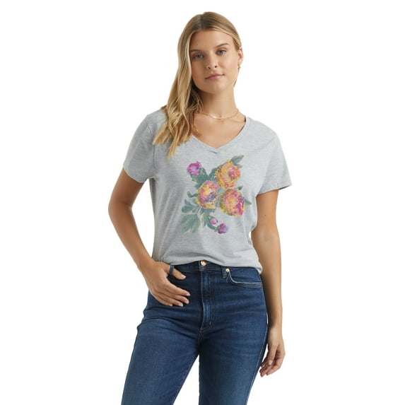 Hanes Women's V-Neck Graphic T-Shirt, Luscious Peonies Lucious Peonies/Light Steel S