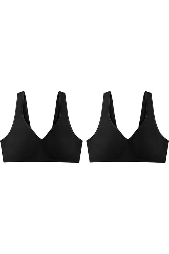 Women's Wireless Bra, Smooth Comfort Full-Coverage T-Shirt Bra, Single or 2-Pack, Black/Black, 2-Pack, Large