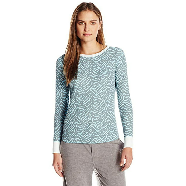 Hanes Women's X-Temp Thermal Underwear - Solids and Printed Long Sleeve  Crew Top 41106-Small (Blue/Grey Zebra) 
