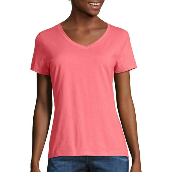 Hanes Women's X-Temp V-Neck T-Shirt Charisma Coral,Large