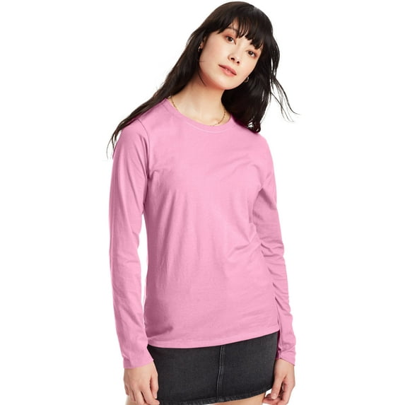 Hanes Women's Long Sleeve Cotton T-Shirt Pink Swish M