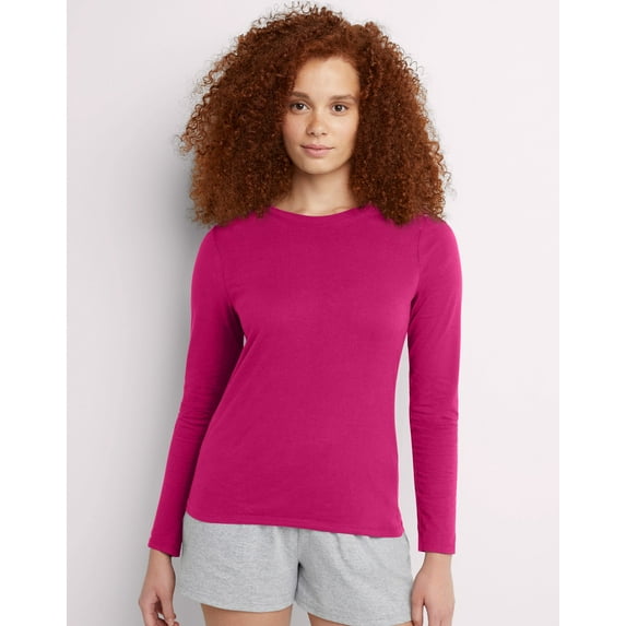Hanes Women's Long Sleeve Cotton T-Shirt Sizzling Pink S