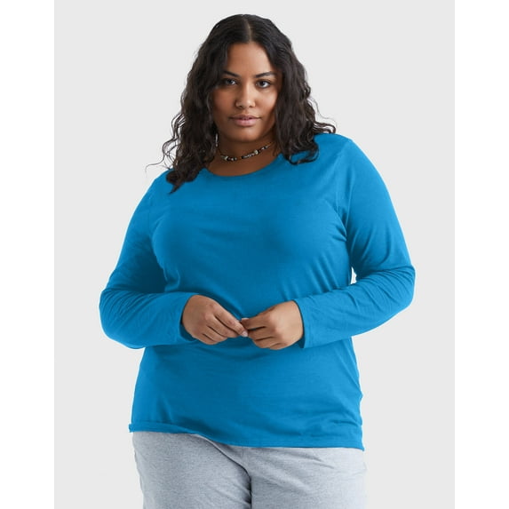 Hanes Women's Long Sleeve Scoop-Neck Cotton T-Shirt (Plus Size) Deep Dive 1X