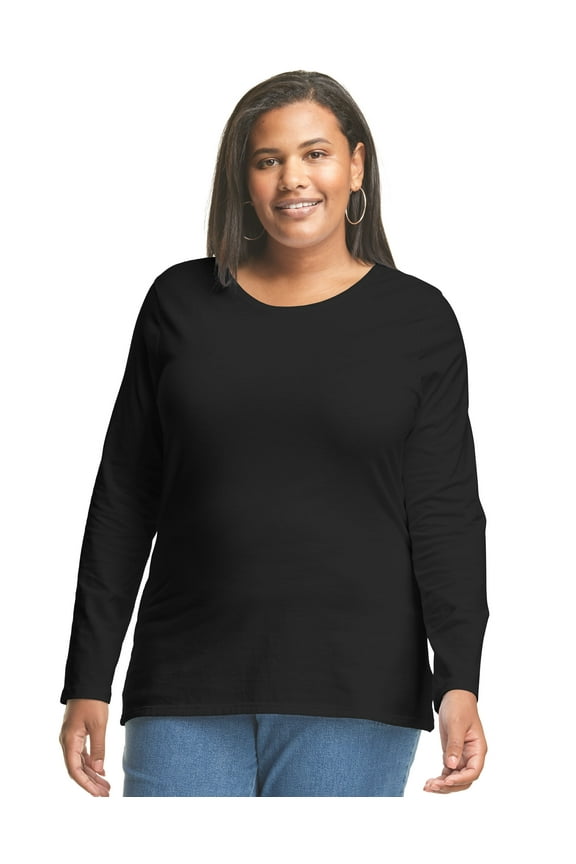 Women's Long Sleeve Scoop-Neck Cotton T-Shirt (Plus Size) Ebony 3X