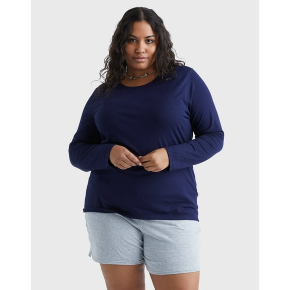 Hanes Women's Long Sleeve Scoop-Neck Cotton T-Shirt (Plus Size) Navy 3X