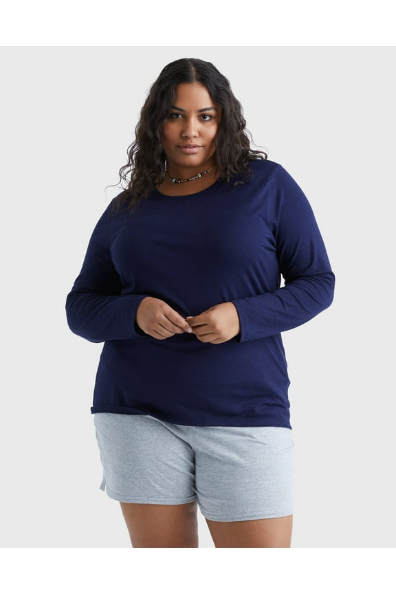 Women's Long Sleeve Scoop-Neck Cotton T-Shirt (Plus Size) Navy 3X