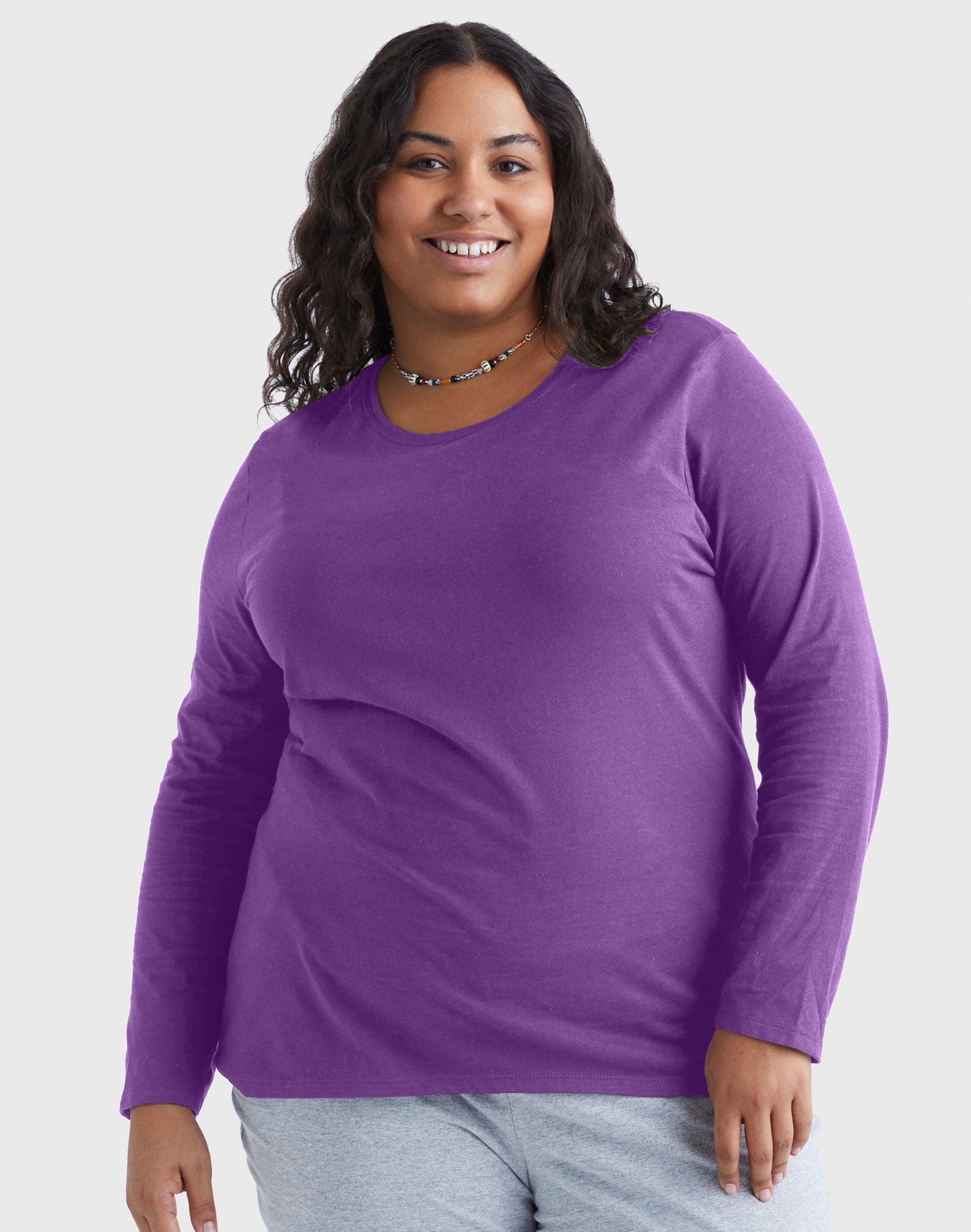 Hanes Women's Long Sleeve Scoop-Neck Cotton T-Shirt (Plus Size) Violet Splendor 2X