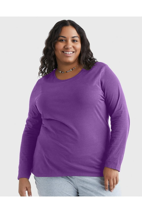 Women's Long Sleeve Scoop-Neck Cotton T-Shirt (Plus Size) Violet Splendor 3X