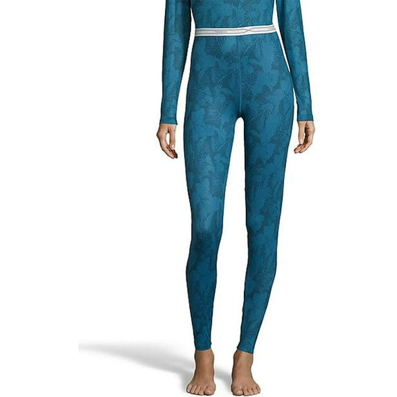 Hanes Womens Print 4-Way Stretch Thermal Crew Pant, Teal Print, Small