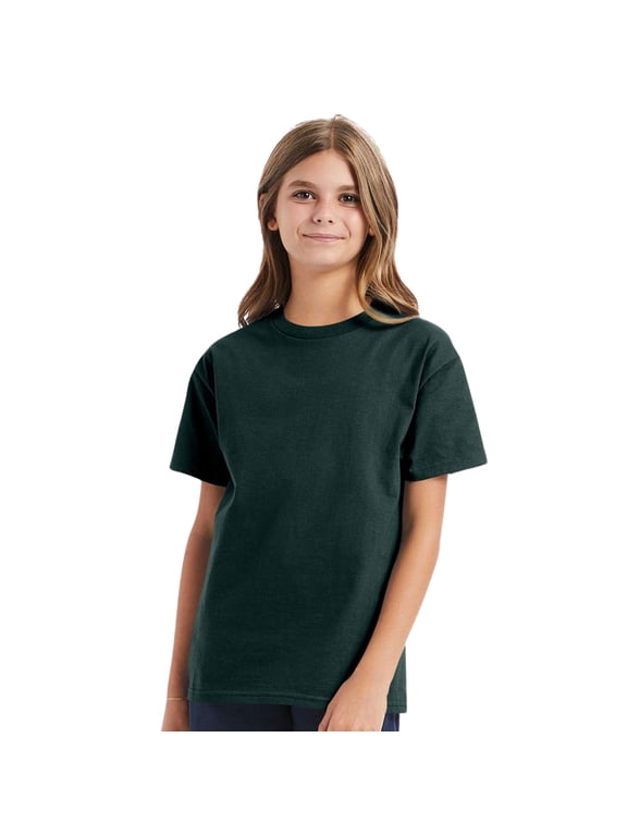 Youth Authentic Short Sleeve T-Shirt 100% Cotton Classic Fit Plain Crew Neck Tee (Deep-Forest, L)