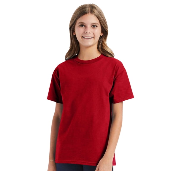Hanes Youth Authentic Short Sleeve T-Shirt 100% Cotton Classic Fit Plain Crew Neck Tee (Deep-Red, M)