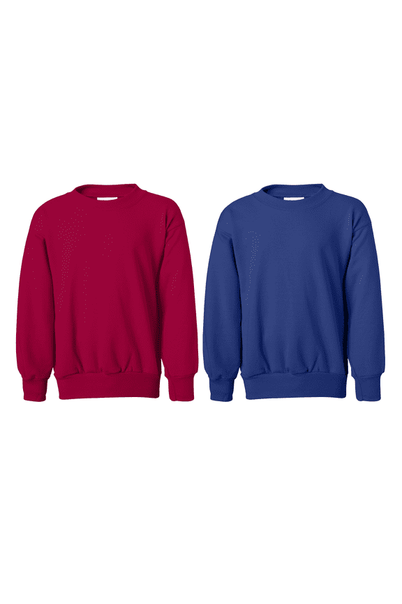 Youth Crewneck Pullover Sweatshirt, EcoSmart Long Sleeve, Deep Royal and Deep Red, 2-Pack, XS