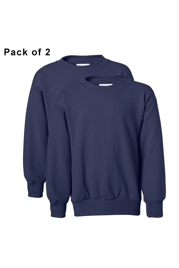 Youth Crewneck Sweatshirt, 2 Pack, EcoSmart Comfortable Long Sleeve Navy Pullover Fleece, XS