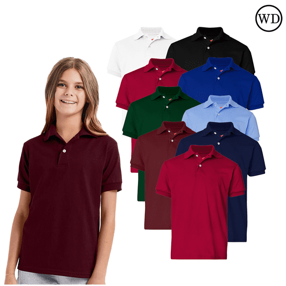 Hanes Youth Ecosmart Jersey Polo Shirt, Youth Polo, Ribbed Cuffs & Welt Collar, Mix Color, Pack 9, M