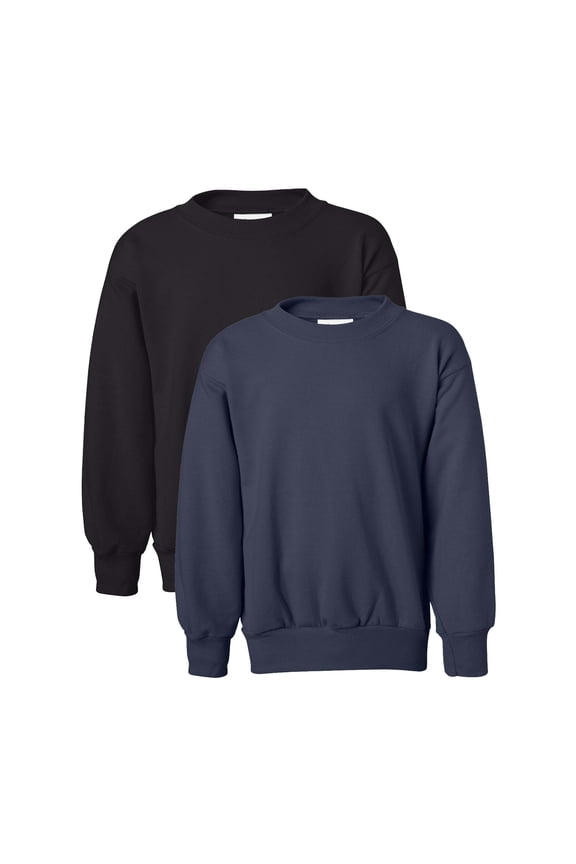 Youth Sweatshirt ComfortBlend EcoSmart Crewneck Sweater Boys Girls Long Sleeve, Black or Navy Colors, 7.8oz, 50/50 Cotton/Polyester, M-Size, 2 Pack