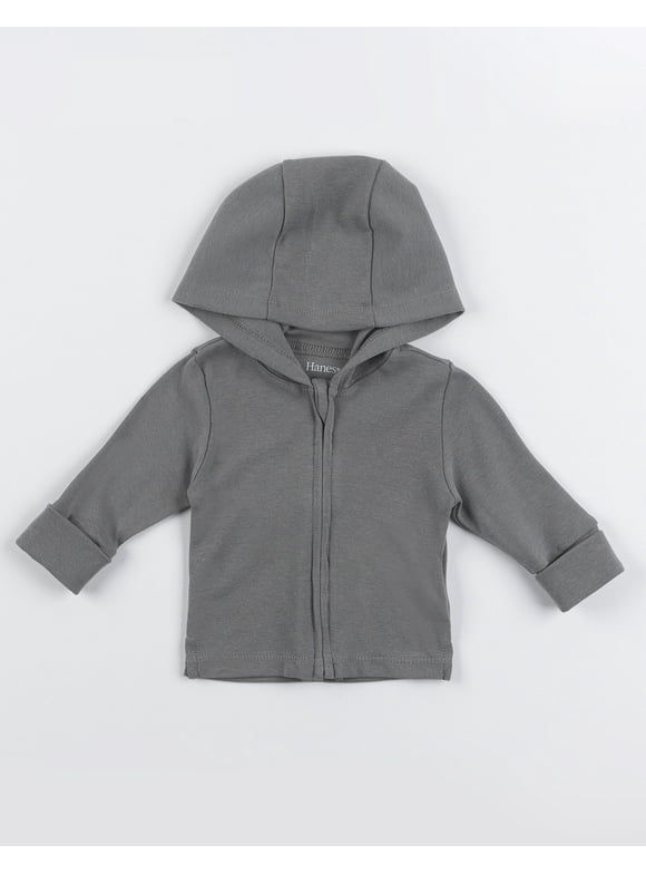 Hanes Zippin Baby Knit Lightweight Full-Zip Hooded Jacket, 4-Way Stretch & Adjustable Cuffs, Boys & Girls Charcoal 12-18M