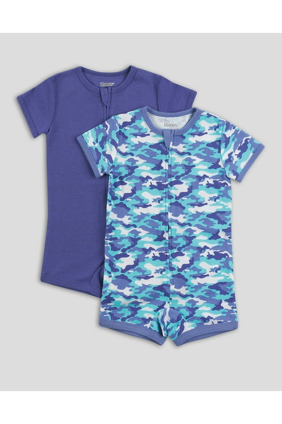 Zippin Baby Knit Short Sleeve 2-Pack Rompers Zipper & 4-Way Stretch Boys & Girls Camo Assorted