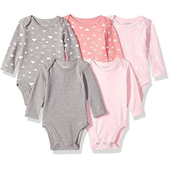 Hanes baby boys Ultimate Flexy 5 Pack Long Sleeve Bodysuits Bodystocking, Pink/Grey Shades, 6-12 Months US