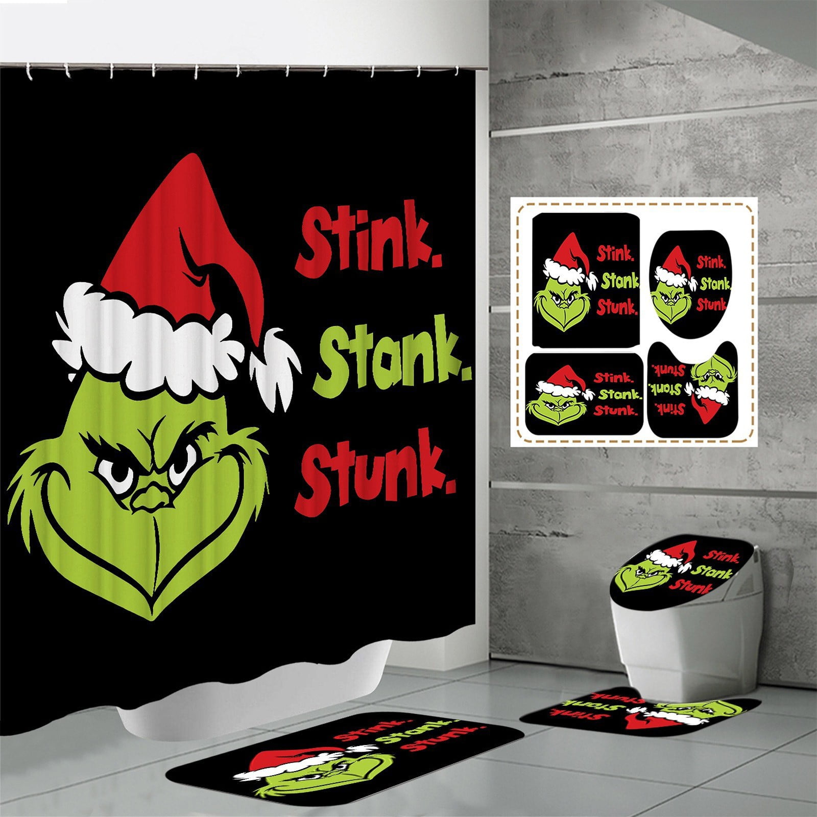 The Grinch Shower Curtain 4Pcs Grinch Merry Christmas Shower