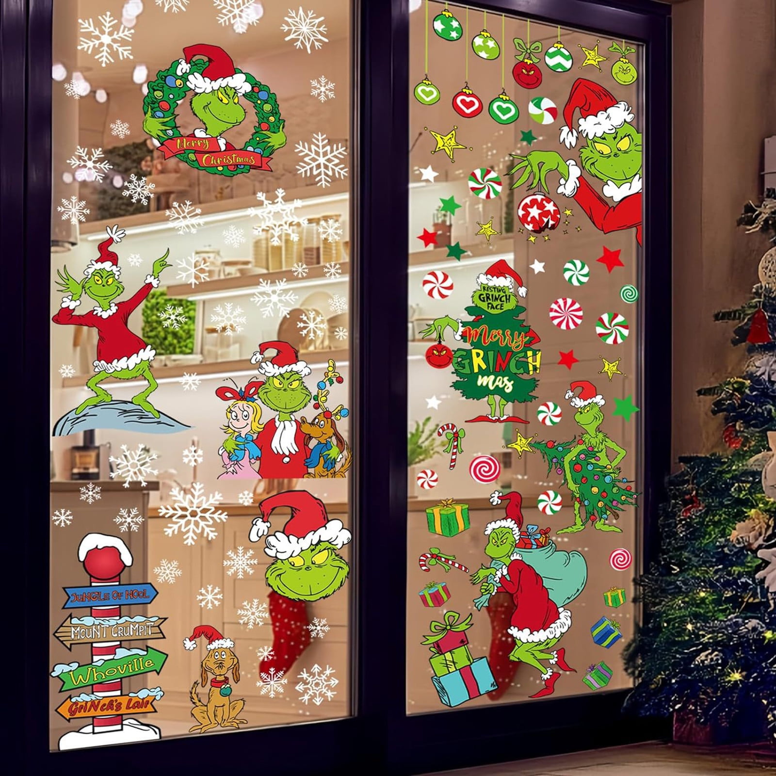 Hanety 99 PCS Grinch Window Clings for Glass Window, 9 Sheets Grinch Christmas Window Clings Decals Green Monster, Christmas Decorations Grinch Window Stickers for Kids Christmas Decor