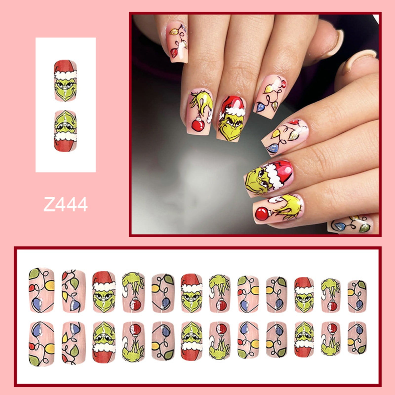 Hanety Gr1nch Decorations Christmas Decor, Grinch Christmas Square Nail Colorful Lights Fake Nails Nail Wearable Nails 5ml, Gr1nch Decors Grinch Prop