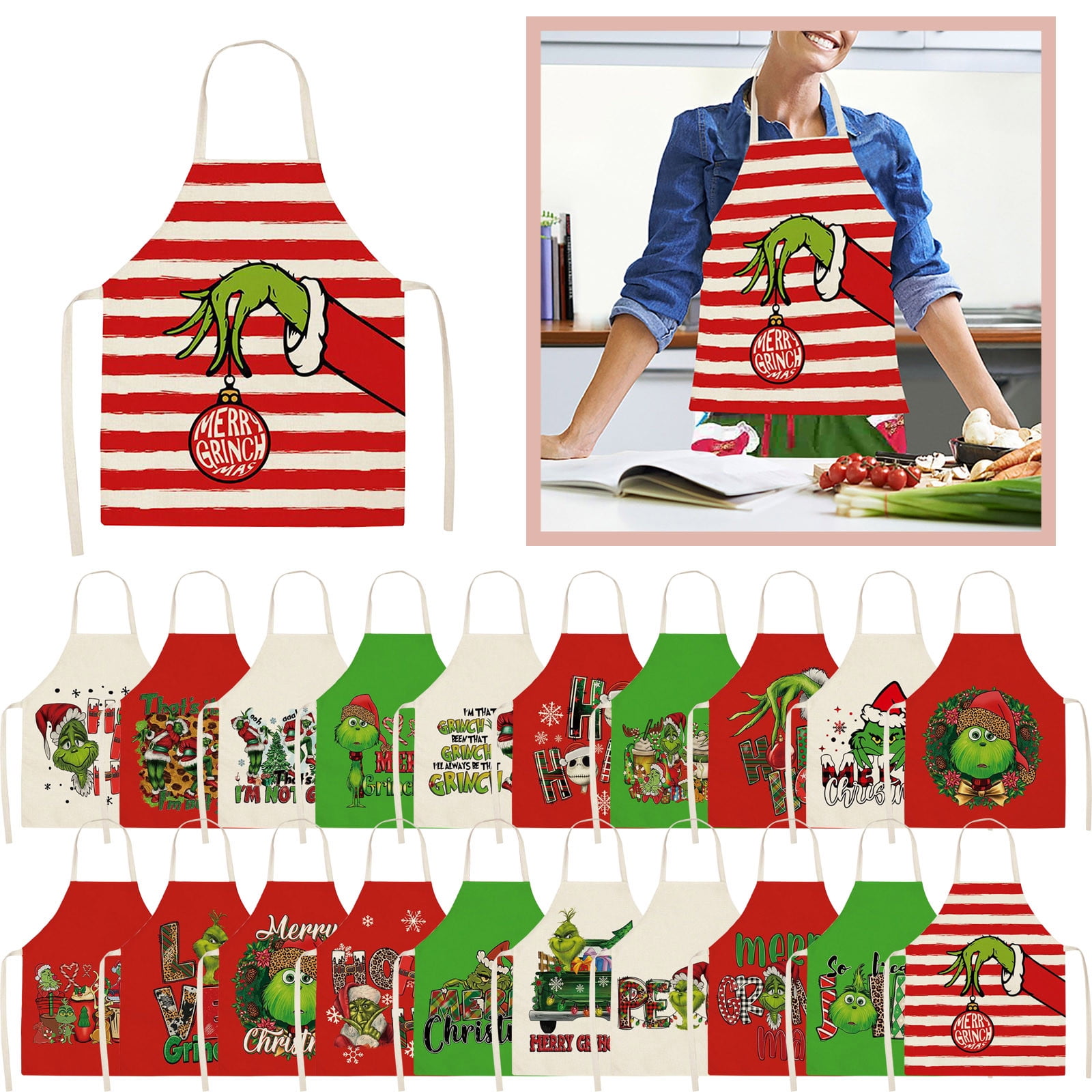 Grinch Christmas Decoration, Christmas Apron Cotton and Linen