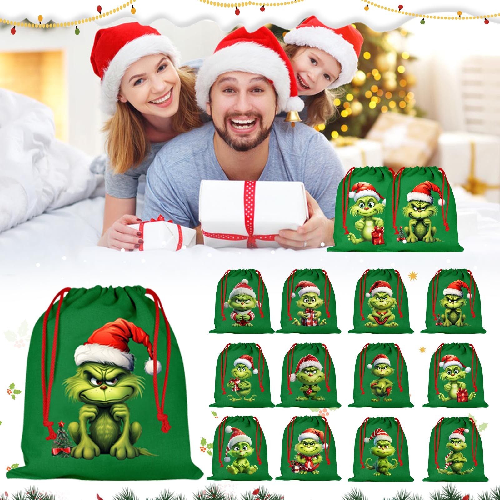 Grinch Christmas Decoration, Cartoon Green Printing Drawstring