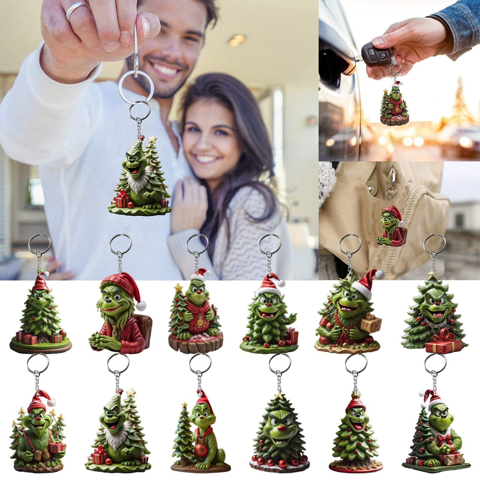 Grinch Christmas Decoration, Green Hair Keychain Acrylic Pendant